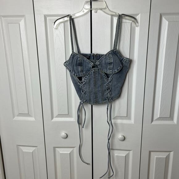 Pretty Little Thing Petite Light Blue Wash Denim Lace Up Corset 6 - Picture 2 of 8